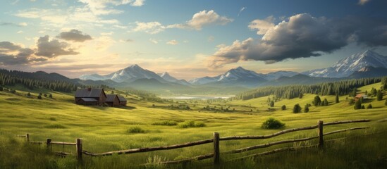 Aufkleber - A serene painting capturing a house nestled in a vast field with majestic mountains in the backdrop, offering scenic country views. with copy space image. Place for adding text or design