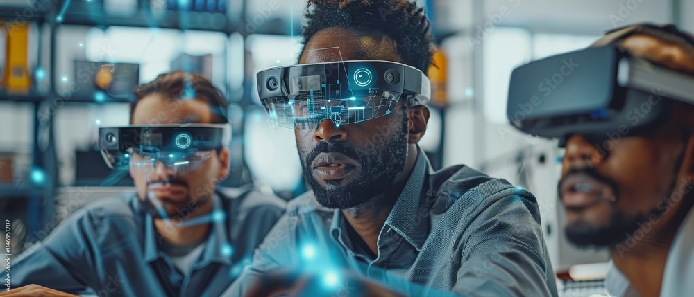 Group of engineers using augmented reality and virtual reality headsets ...