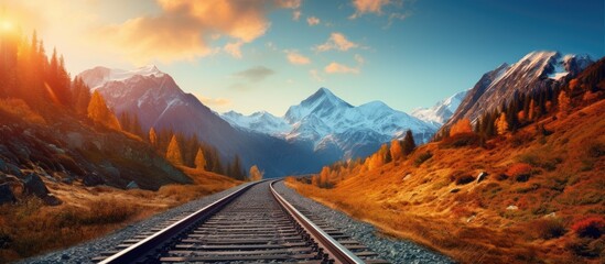 Poster - Railway cutting through scenic mountains for train transportation. with copy space image. Place for adding text or design