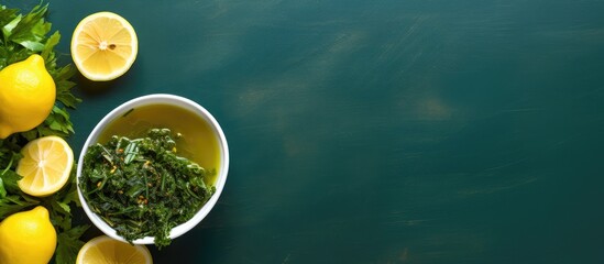 Poster - Close-up view of a bowl filled with lemons and another bowl of fresh greens, vibrant and healthy. with copy space image. Place for adding text or design