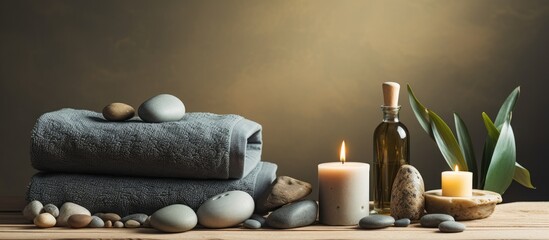 Poster - Arrangement of towels, candles, stones, and a bottle of wine on a table in a spa setting with space for text. with copy space image. Place for adding text or design