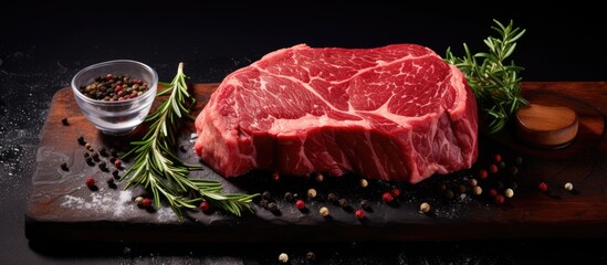 Fototapete - Prime rib eye cut of Black Angus beef placed on a chopping board with a variety of spices and whole peppercorns. with copy space image. Place for adding text or design