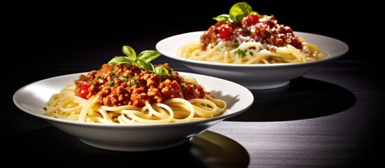 Aufkleber - Delicious spaghetti topped with savory meat sauce served in two bowls on a table. with copy space image. Place for adding text or design