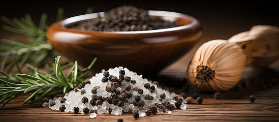 Fototapete - Bowl filled with salt crystals alongside cloves of garlic placed on a wooden table. with copy space image. Place for adding text or design