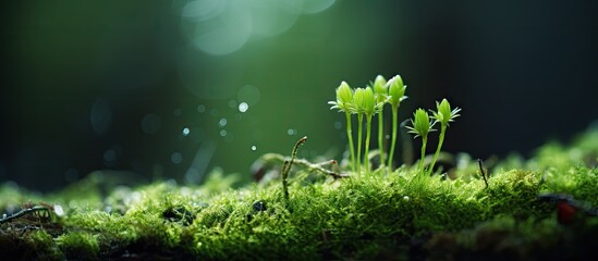 Aufkleber - Lush moss covers the ground, dotted with small green plants in a natural, vibrant display. with copy space image. Place for adding text or design