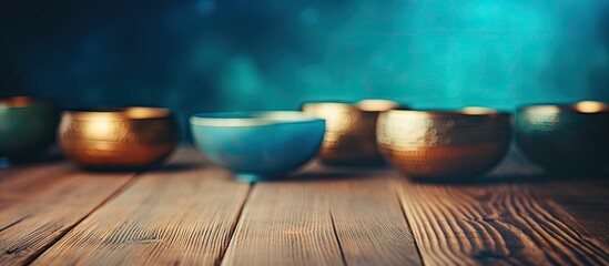 Aufkleber - Several bowls neatly placed in a row on a table made of wood, creating a simple and organized display. with copy space image. Place for adding text or design