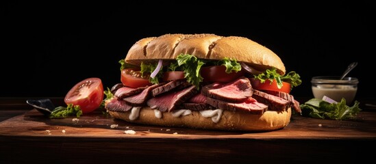 Poster - Roast beef sandwich placed on a wooden cutting board with fresh vegetables and condiments. with copy space image. Place for adding text or design