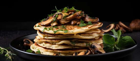 Wall Mural - Savory pancakes served on a plate with a generous topping of mushrooms and fresh herbs. with copy space image. Place for adding text or design