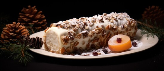 Leinwandbilder - Yummy roll topped with a slice of fresh fruit. with copy space image. Place for adding text or design