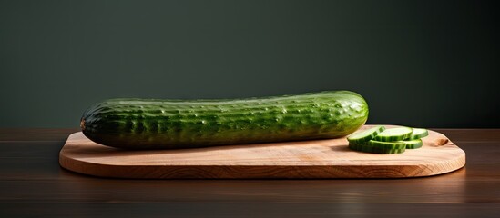 Aufkleber - Fresh cucumber cut into pieces arranged on a wooden cutting board with a sharp knife. with copy space image. Place for adding text or design