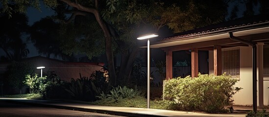 Fototapete - A nighttime view of a street with a house and a street light, featuring solar street lighting in front of a guest house. with copy space image. Place for adding text or design