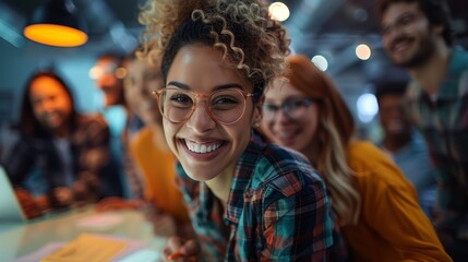 Smiling woman with curly hair and glasses surrounded by colleagues in a casual office environment, showcasing team collaboration and joy at work.