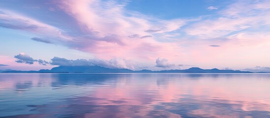 Fototapete - Tranquil lake reflects pink sky and clouds in a serene morning scene. with copy space image. Place for adding text or design