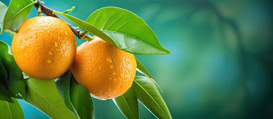 Fototapete - Pair of ripe oranges and mandarins suspended from tree limbs with lush foliage in the background. with copy space image. Place for adding text or design