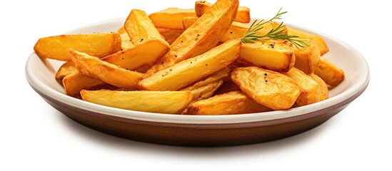 Wall Mural - Close-up view of a bowl filled with golden and crispy French fries accompanied by a sprig of fragrant rosemary. with copy space image. Place for adding text or design