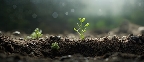 Poster - Emerging from the earth, a small plant breaks through the surface with delicate resilience. with copy space image. Place for adding text or design