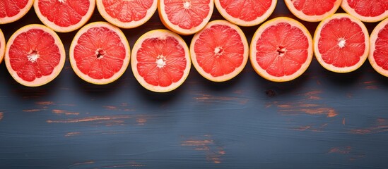 Aufkleber - Several grapefruits cut in half depicted in a close-up shot, showcasing their vibrant colors and juicy texture. with copy space image. Place for adding text or design