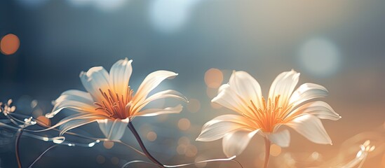 Poster - White flower blooms in lush green setting, highlighting delicate petals against natural backdrop. with copy space image. Place for adding text or design