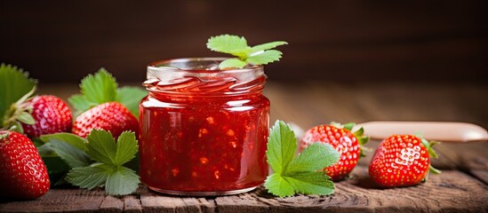 Leinwandbilder - Ripe strawberries and a jar of homemade jam displayed on a wooden table in a natural, rustic setting. with copy space image. Place for adding text or design