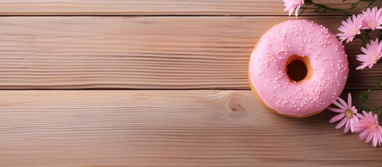 Poster - Pink frosted donut covered in sprinkles and flowers placed on a wooden table. with copy space image. Place for adding text or design