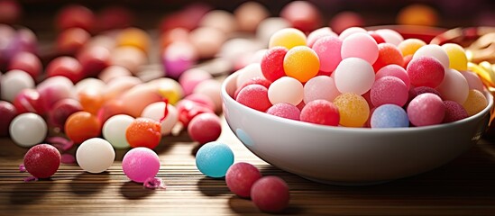 Poster - Assorted colorful candies are displayed in a bowl on a table, creating a vibrant and sweet treat for all. with copy space image. Place for adding text or design