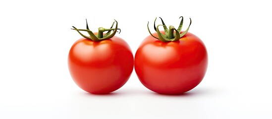 Fototapete - A simple composition of three fresh tomatoes, with two placed at the sides and one in the center, on a clean white background. with copy space image. Place for adding text or design