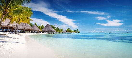 Aufkleber - Palm trees and a hut on the beach with bungalows and white sand by the ocean. with copy space image. Place for adding text or design