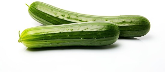 Poster - Pair of cucumbers placed on a wooden table in close proximity. with copy space image. Place for adding text or design