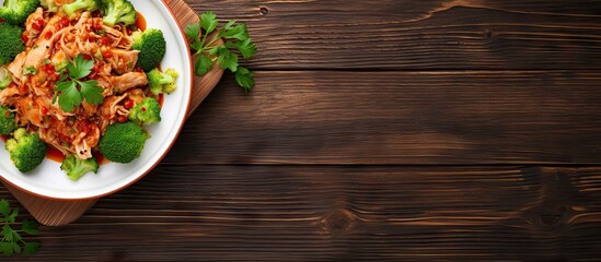 Aufkleber - Close-up of a plate with broccoli and meat, focusing on the vibrant colors and textures of the dish. with copy space image. Place for adding text or design