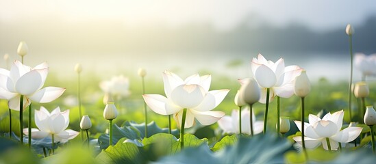 Aufkleber - Lush field showcasing an abundance of beautiful white flowers blooming in unison under the bright sun. with copy space image. Place for adding text or design