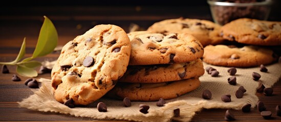 Poster - Chocolate chip cookies placed on a table accompanied by scattered chocolate chips for added flavor. with copy space image. Place for adding text or design