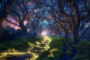 Wall Mural - A whimsical forest path lined with luminescent trees and a carpet of glowing moss under a starry sky