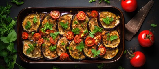 Aufkleber - Cooked eggplant and fresh tomatoes arranged on a table, ready to be served. with copy space image. Place for adding text or design