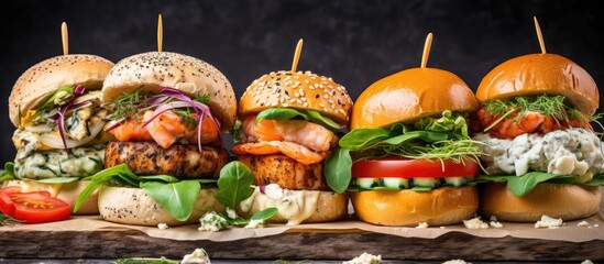 Wall Mural - Assortment of sandwiches with different toppings laid out on a cutting board. with copy space image. Place for adding text or design