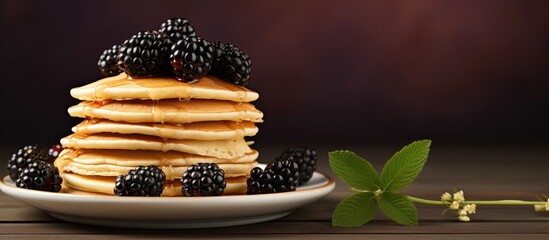 Leinwandbilder - Delicious pancake topped with ripe blackberries served on a plate. with copy space image. Place for adding text or design