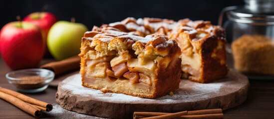 Poster - Homemade apple cake topped with cinnamon on a wooden cutting board, surrounded by fresh apples. with copy space image. Place for adding text or design