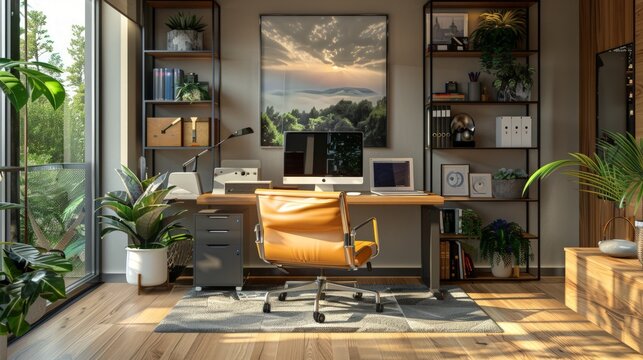A home office setup with ergonomic furniture and modern technology for remote work