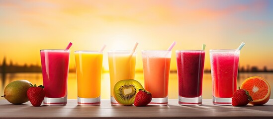 Aufkleber - Various fruit juices lined up with slices of fruit, including strawberry, passion fruit, orange, and apple. with copy space image. Place for adding text or design