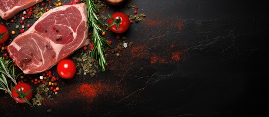 Aufkleber - Raw pork steak accompanied by fresh tomatoes and flavorful herbs, set against a dark backdrop. with copy space image. Place for adding text or design