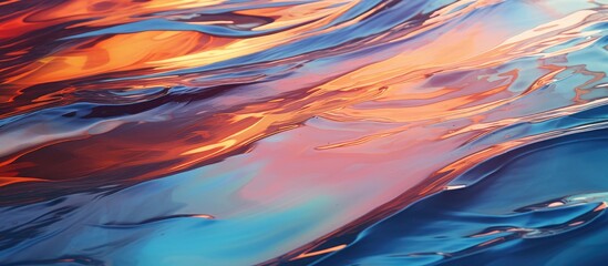 Aufkleber - Close-up view of a water wave under a setting sun, reflecting beautiful colors and patterns. An oil slick on the surface of seawater is seen nearby. with copy space image