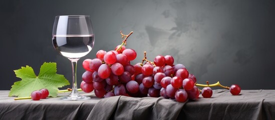 Leinwandbilder - Glass of red wine with a bunch of grapes on a rustic wooden table, creating a simple yet elegant setup. with copy space image. Place for adding text or design