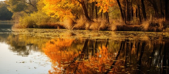 Fototapete - Fall foliage mirrored on the surface of a tranquil lake showcasing the beauty of the season. with copy space image. Place for adding text or design