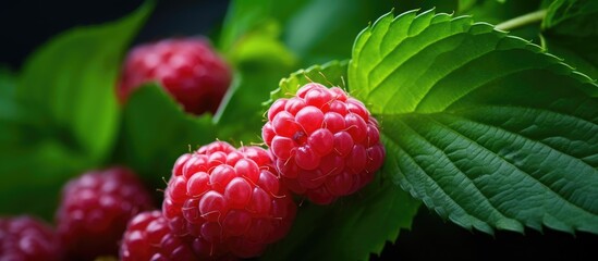 Aufkleber - Plump raspberries at their peak of ripeness set against a backdrop of vibrant green leaves. with copy space image. Place for adding text or design