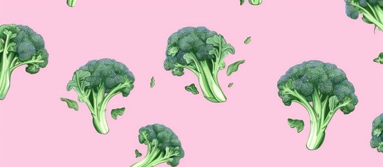 Poster - A close-up view of a cluster of healthy green broccoli florets arranged neatly on a bright pink background. with copy space image. Place for adding text or design