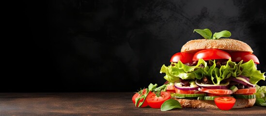 Fototapete - Delicious sandwich filled with crisp lettuce, juicy tomato slices, and aromatic onion, isolated on a white background. with copy space image. Place for adding text or design