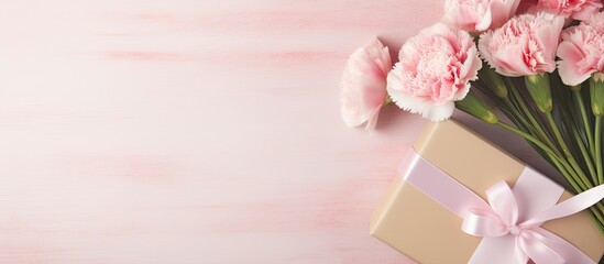 Fototapete - Pink flowers and a gift placed on a soft pink wooden table surface. with copy space image. Place for adding text or design