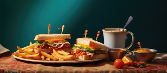 Poster - Close-up shot of a plate filled with a mouth-watering club sandwich and crispy french fries. with copy space image. Place for adding text or design