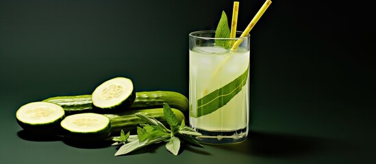 Poster - Glass water with cucumber slices and a straw, mix of cucumber and tender coconut water with a hint of fresh curry leaf. with copy space image. Place for adding text or design