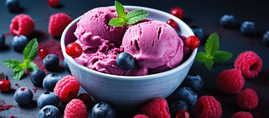Leinwandbilder - Close-up of a tempting dessert bowl filled with creamy ice cream, vibrant berries, and garnished with fresh mint leaves. with copy space image. Place for adding text or design