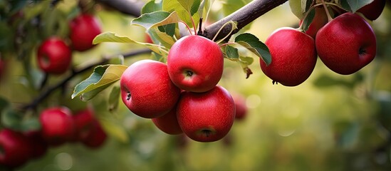 Fototapete - Lush apple tree bearing several ripe red apples illuminated by the sun's rays. with copy space image. Place for adding text or design